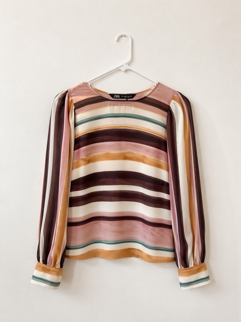 Zara Striped Satin Blouse Size M | Pink, Brown, Cream